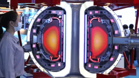 Getty Images A cut through of an apple-shaped tokamak. In the middle is red plasma, surrounded by D-shaped magnets.