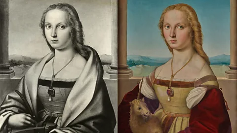 Alamy/ Galleria Borghese Side-by-side image of monotoned and coloured versions of Raphael's Portrait of a Young Woman with a Unicorn (Credit: Alamy/ Galleria Borghese)